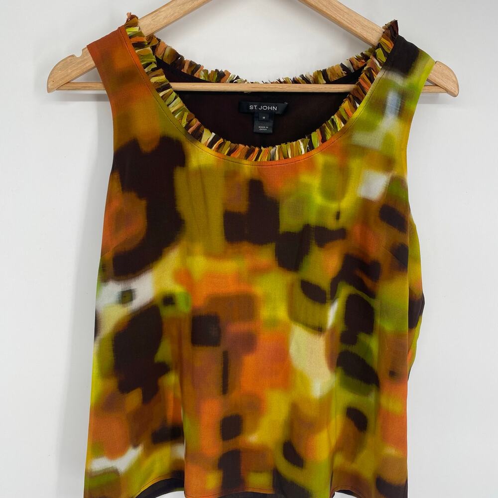 St John Top Mahogany Silk Multi Color Stretch Tank Quiet Luxury Old Money Medium